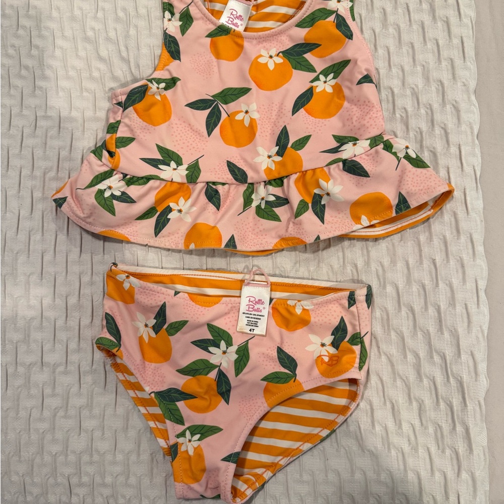 RuffleButts Orange Reversible Kids Swim Set